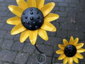 Handcrafted Metal Double Sunflower on a rustic metal garden stake